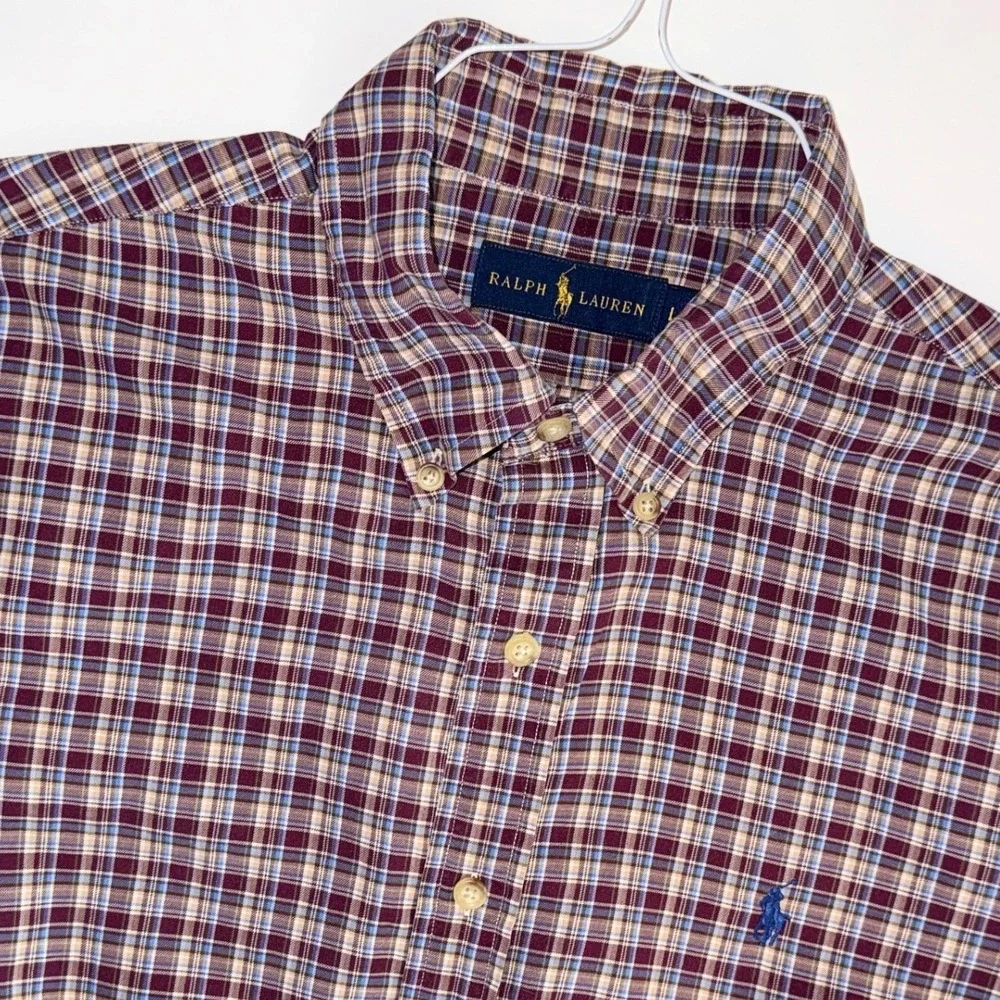 Ralph Lauren Mens L Plaid Button Down‎ Shirt Burgundy Blue Long Sleeve Pony Logo